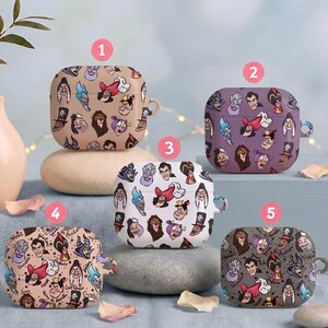 May include: Five square protective cases for wireless earbuds, each featuring a repeating pattern of various animated villain characters. The cases are numbered one through five and come in different background colors including tan, purple, and white.