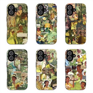 May include: Six smartphone cases featuring collage-style graphics of a cartoon character in a green dress, a frog, and various floral and vintage-inspired elements in shades of green, yellow, and brown, with integrated camera lens cutouts.