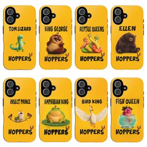 May include: A collection of yellow phone cases featuring cartoon characters and text. Each case has a different design, including a lizard, bear, and frog. The word "HOPPERS" is printed at the bottom of each case.