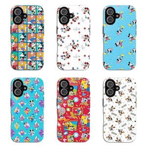 May include: Six smartphone cases featuring various Disney character patterns. The designs include grid layouts, scattered icons, and diamond shapes with Mickey Mouse, Minnie Mouse, Donald Duck, Daisy Duck, and Pluto in vibrant colors like red, blue, and white.