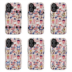 May include: Six phone cases with a patriotic design. Each case features a repeating pattern of cartoon characters, ice cream, popcorn, and fireworks in red, white, and blue. The text "GOD BLESS THE USA" is also visible.