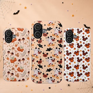 May include: Three phone cases featuring Halloween-themed patterns. The left case has a light background with pumpkin and headband icons. The center case has a tan background with ghost-dressed mice and bats. The right case has a white background with pumpkin icons and autumn leaves.