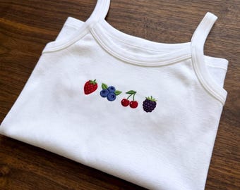 Embroidered Berry Tank Top, Strawberry Blueberry Cherry Cami, Fruit Lover Summer Shirt, Cottagecore Camisole, Cute Foodie Gift for Her