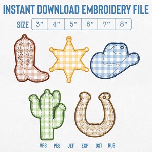 May include: Instant download embroidery file featuring five western-themed designs with a gingham pattern: a brown boot, a yellow sheriff star, a blue cowboy hat, a green cactus, and a tan horseshoe. Sizes 3, 4, 5, 6, 7, and 8 inches are listed.