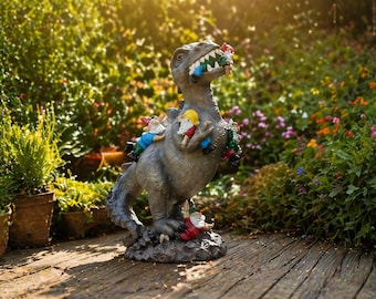 Estatua de T-Rex con gnomos de jardín, divertida decoración de jardín, estatua de dinosaurio para jardín, adorno de resina para exteriores, regalo único para patio o jardín.