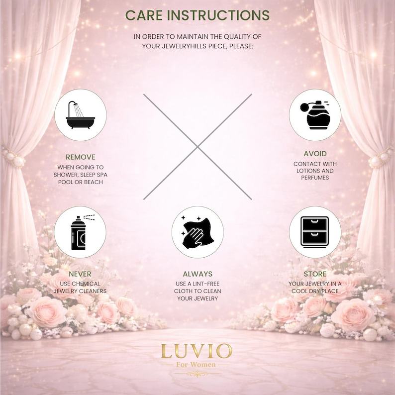 Puede incluir: Instrucciones para el cuidado de joyas con iconos y texto sobre un fondo rosa. Aconseja quitarse las joyas antes de ducharse, evitar lociones y utilizar un pa&ntilde;o sin pelusas para la limpieza. Tambi&eacute;n se ve la marca "LUVIO".