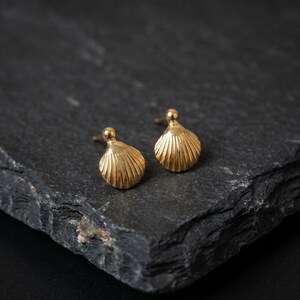 May include: A pair of gold stud earrings shaped like small seashells. Each earring features a rounded top post and a fan-shaped base with vertical ridges radiating from the center, creating a textured, metallic surface that catches the light.