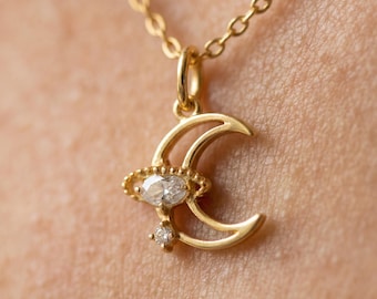 CZ Gold Color Pave Saturn Moon Pendant Necklace, Dainty Celestial and Elegant Sky Necklace, Minimal Everyday Jewelry, Gift For Her and Mom