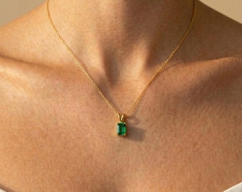 Smaragd Rechteck Anhänger Halskette, Zierlicher Sterling Silber Schmuck