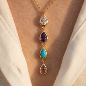 Collar personalizado con piedra natal en forma de lágrima, colgante familiar vertical con múltiples piedras, joyería tipo lariat personalizada, regalos de Navidad, regalo para ella.