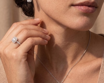 Square Baguette Zircon 3 Piece Jewelry Set, 14K Gold Plated Jewelry Set, Dainty Halo, 925 Sterling Silver, Mother's Day Gift For Mom and Her