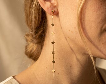 Gold Star Drop Chain Earrings, Celestial Threader Stud Dangle Earring, Minimalist Dainty Long Starfall Jewelry, Unique Everyday Gift for Her