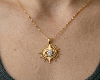 Gold Color Evil Eye Sun Necklace, Dainty Pave Sunburst Pendant with Emerald Stone, Tiny Protector Talisman Jewelry, Birthstone Gift for Her