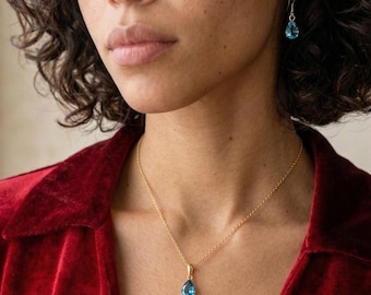 Drop Birthstone Necklace and Earrings Jewelry Set, Amethyst Teardrop Pendant, Custom Personalized Gift for Women, 925 Solid Sterling Silver