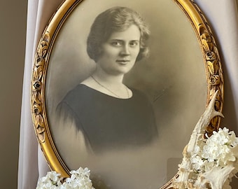 Antique 1933 Oval Portrait Photo - Hand-Finished Crayon Portrait - Vintage Belgian Photography - Ornate Gold Frame