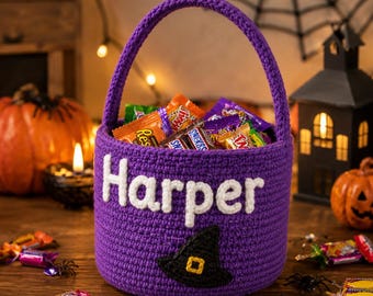 Personalized Crochet Halloween Basket, Custom Name Trick or Treat Candy Bucket, Cute Cat Candy Corn Halloween Gift for Kids