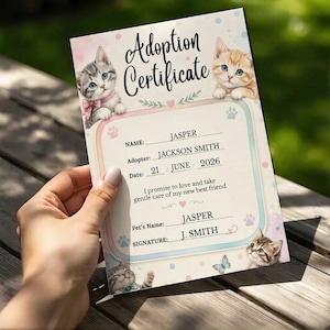 Editable Pet Adoption Certificate, Watercolor Kittens, Keepsake Document (Digital Download)