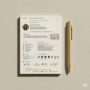 May include: A gold pen lies next to a white notepad featuring a Google search interface. The notepad shows a profile for "Emma Rose," a digital creator and Etsy shop owner, with sections for skills, experience, and achievements.