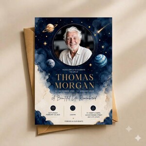 May include: A funeral memorial card featuring a circular portrait of an older man against a dark blue watercolor space background with planets and stars. Text includes: PLEASE JOIN US TO CELEBRATE THE LIFE OF THOMAS MORGAN 13 DECEMBER 1950 - 11 JANUARY 2025.