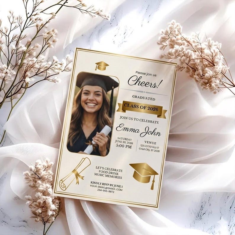 Editable Graduation Layout Editable Graduation Photo Invitation, Elegant Gold Design (digital ...