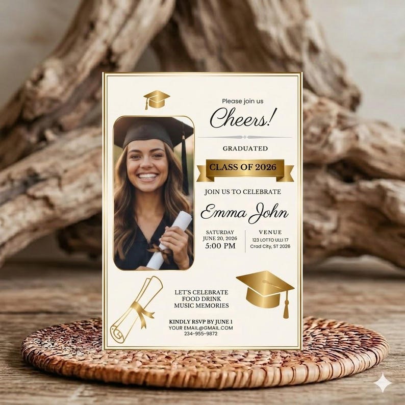 Editable Graduation Layout Editable Graduation Photo Invitation, Elegant Gold Design (digital ...