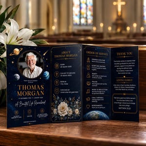 Puede incluir: Un programa funerario tríptico con fondo azul oscuro celestial y detalles dorados, un retrato circular de Thomas Morgan, fechas de nacimiento y fallecimiento, el orden del servicio y un mensaje de agradecimiento con motivos florales.