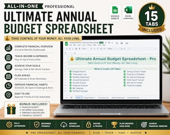 May include: A laptop screen shows a financial budget spreadsheet labelled "Ultimate Annual Budget Spreadsheet - Pro." The image highlights financial planning tools. The text "Take Control of Your Money. All Year Long" is also visible.