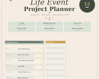 Life Event Project Planner Spreadsheet Botanical, Wedding Budget Tracker Google Sheets Excel