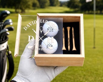 Set regalo da golf personalizzato: pallina da golf personalizzata, tee incisi, confezione regalo in legno per testimoni dello sposo, festa del papà e appassionati di golf.