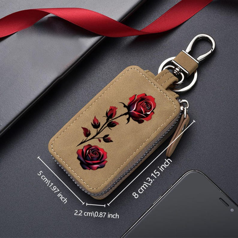 Ca Keychain Retangular Leather Rose Print Key Holder, Compact Car Keychain Organizer--romantic ...