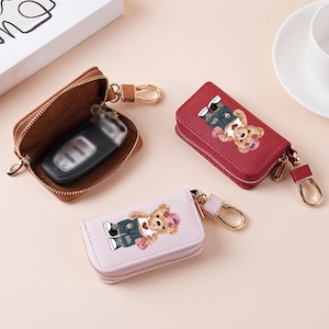 Fashion Teddy Bear Custom Leather Key Case, Zippered Car Key Holder, Cute Colorful Key Organizer, Personalized Gift for Her