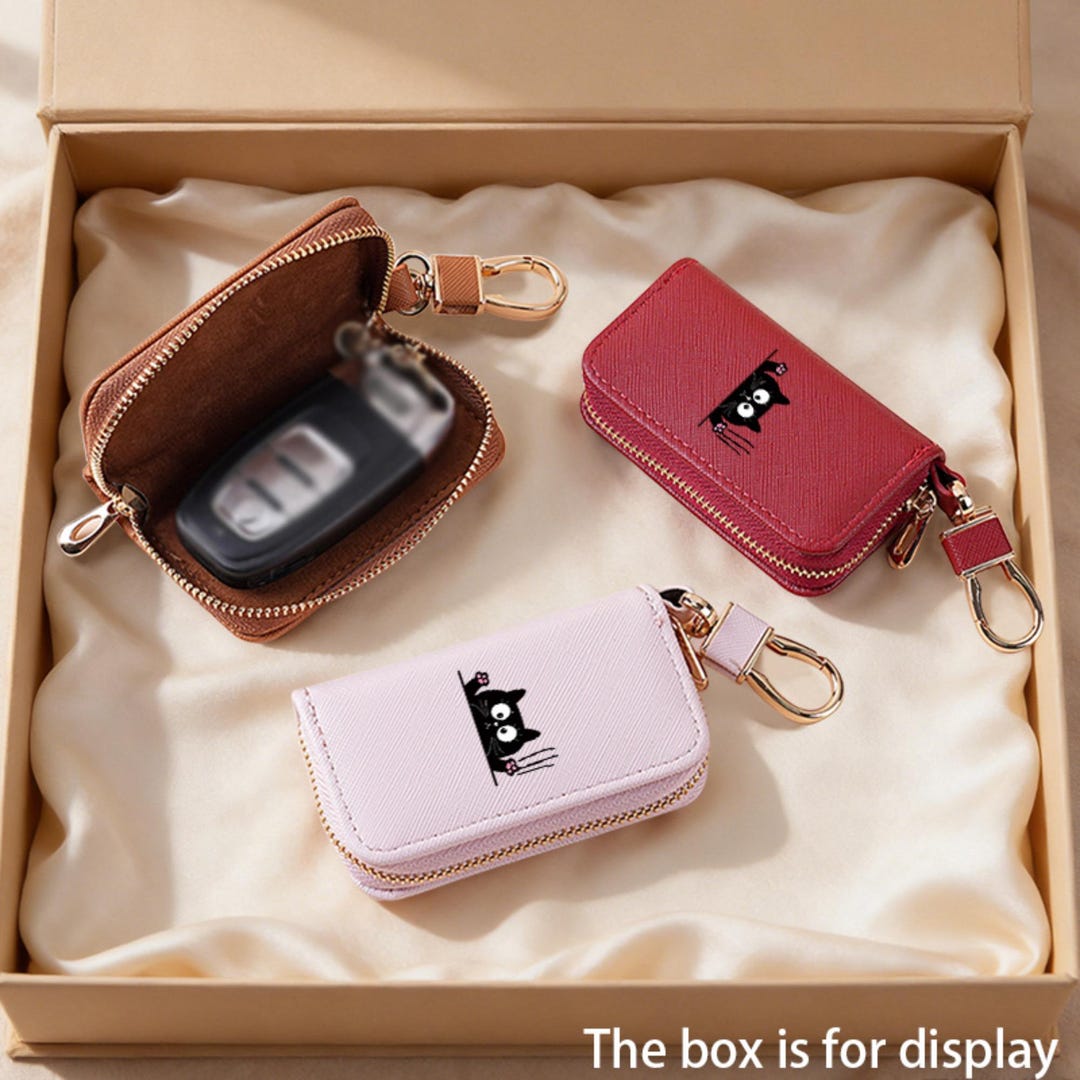 Textured Leather Cat Key Holder, Zipper Car Key Case, Compact Daily ...