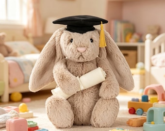Peluche Lapin de fin d'études timide Jellycat, lapin beige doux avec bonnet de diplômé et diplôme, cadeau de remise des diplômes parfait