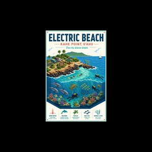May include: A vertical poster titled ELECTRIC BEACH KAHE POINT, O'AHU featuring an isometric illustration of a coastal scene. The top shows a shoreline with cars and palm trees, while the bottom depicts an underwater view with dolphins, sea turtles, scuba divers, and coral reefs. The bottom section includes five icons with text labels describing water temperature, marine life, and snorkeling conditions.