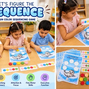 May include: A color sequencing game titled Let's Figure The Sequence featuring a seal illustration on printable pages. The set includes multiple game cards with white circular spots and small colored wooden discs for matching patterns and sequences.