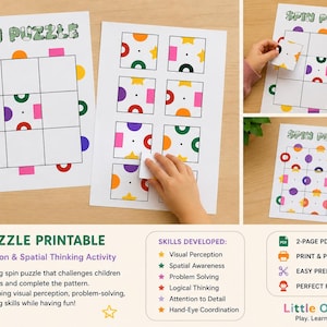 May include: A Spin Puzzle printable activity set featuring a grid board and individual square tiles with colorful geometric shapes. The sheets include the text Spin Puzzle and various patterns of circles, squares, and stars in orange, purple, pink, and green.