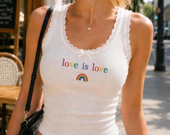 Embroidered Love is Love Rainbow Letters Tank Top, Y2K Coquette Lace Trim Ribbed Crop Top, Cute LGBTQ+ Gift
