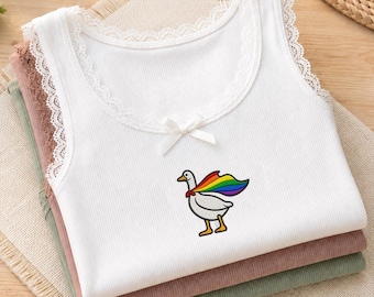 Embroidered Funny Silly Goose LGBT Flag Tank Top, LGBT Ally Pride Month Crop Top, Ribbed Summer Camisole