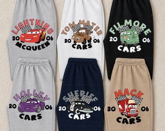 Disney Cars Sweatpants, Retro Lightning McQueen Pants, Vintage Tow Mater Joggers, Pixar Family Trip Lounge Wear, Cartoon Bottoms Men Women