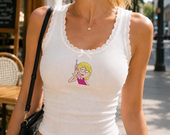 Embroidered Lizzie McGuire Nostalgia Ribbed Lace Trim Camisole, Y2K Retro Cartoon Cami Tank Top, 2000s Aesthetic Women Tank Top