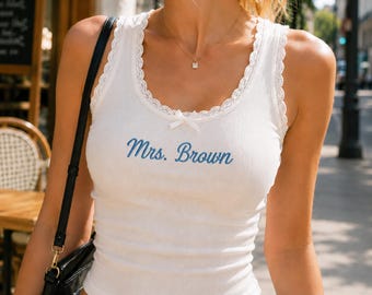 Custom Embroidered Lace Tank Top, Wife of the Party Shirt, Modal Tank Bridal Shower Gift, Engagement Gift, Bachelorette Party Top