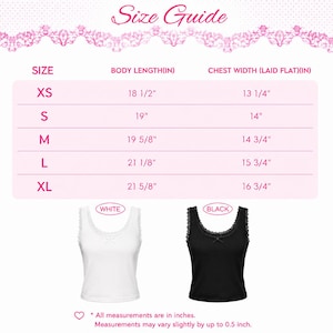May include: A size guide chart for tank tops with lace trim, featuring a table with sizes XS to XL, body length, and chest width in inches. Below the table are images of a white tank top and a black tank top, each with a small center bow.