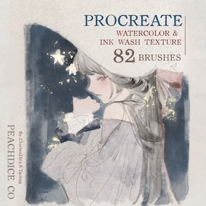 May include: A digital art set titled PROCREATE WATERCOLOR & INK WASH TEXTURE 82 BRUSHES by PEACHDICE CO. The image features a stylized illustration of a figure with long hair in a dark blue and white watercolor style with gold accents.