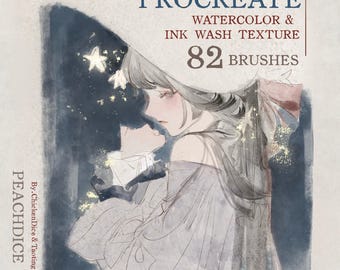 82 Pincéis de Aquarela para Procreate + 2 Tutoriais em Vídeo sobre Como Renderizar o Processo de Desenho + 15 Texturas de Papel | Pincéis para iPad, por Peachdiceco