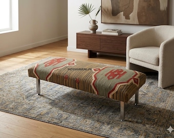 Banco tapizado Kilim de lujo - Banco otomano hecho a mano, banco de entrada de estilo turco vintage, asiento de dormitorio bohemio, decoración de banco de madera