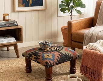 Kilim Ottoman Bench - Handmade Berber  Stool - Boho Footstool - Upholstered Kilim Bench - Moroccan Ottoman Seat - Boho Home Decor