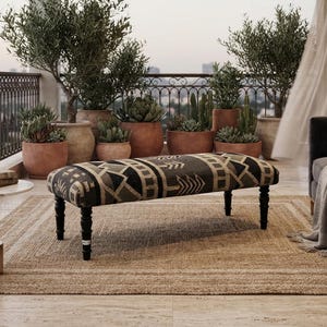 Wool Jute Kilim Bench, Tribal Boho Ottoman, Aztec Rug Upholstered Bedroom Stool, Living Room Accent Furniture, Rustic Home Decor, Wooden Leg