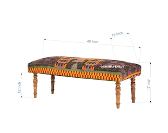 Handmade Kilim Upholstered Wooden Bench: Rustic Boho Entryway Wool Jute Fabric Seating Farmhouse Ottoman Bench Livingroom Accent Furniture