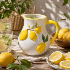 Può includere: Una brocca in ceramica bianca con un motivo in rilievo tridimensionale di limoni gialli e foglie verdi. La brocca presenta un manico giallo ricurvo e un ampio beccuccio. Il design include diversi limoni gialli con foglie verdi.