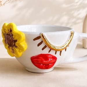 Handmade Sunflower Face Ceramic Mug